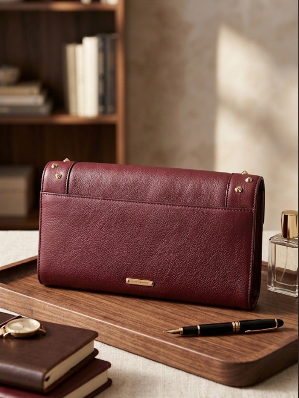 Rebecca Minkoff Sophie Studded Snap Clutch Maroon Leather with Dust Bag 11” x 6” - Picture 2 of 6